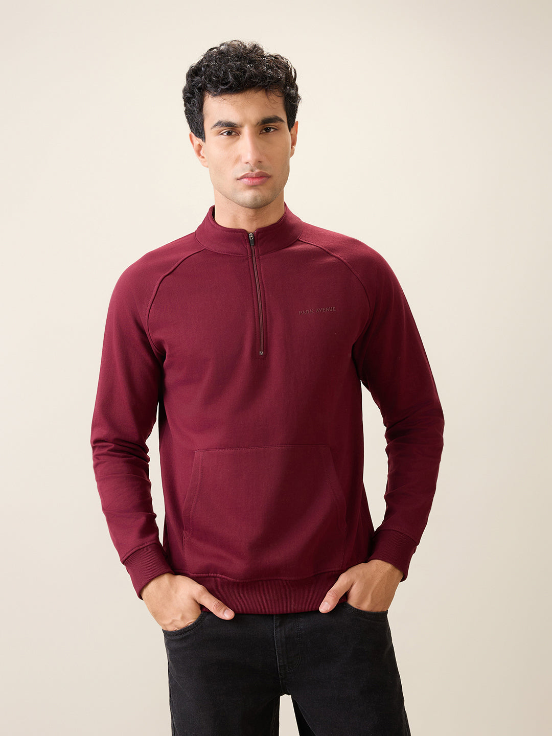 Park Avenue Men Red Solid Slim Fit Cotton Blend Full Sleeve Sweatshirt