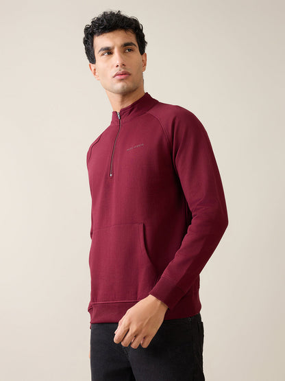 Park Avenue Men Red Solid Slim Fit Cotton Blend Full Sleeve Sweatshirt