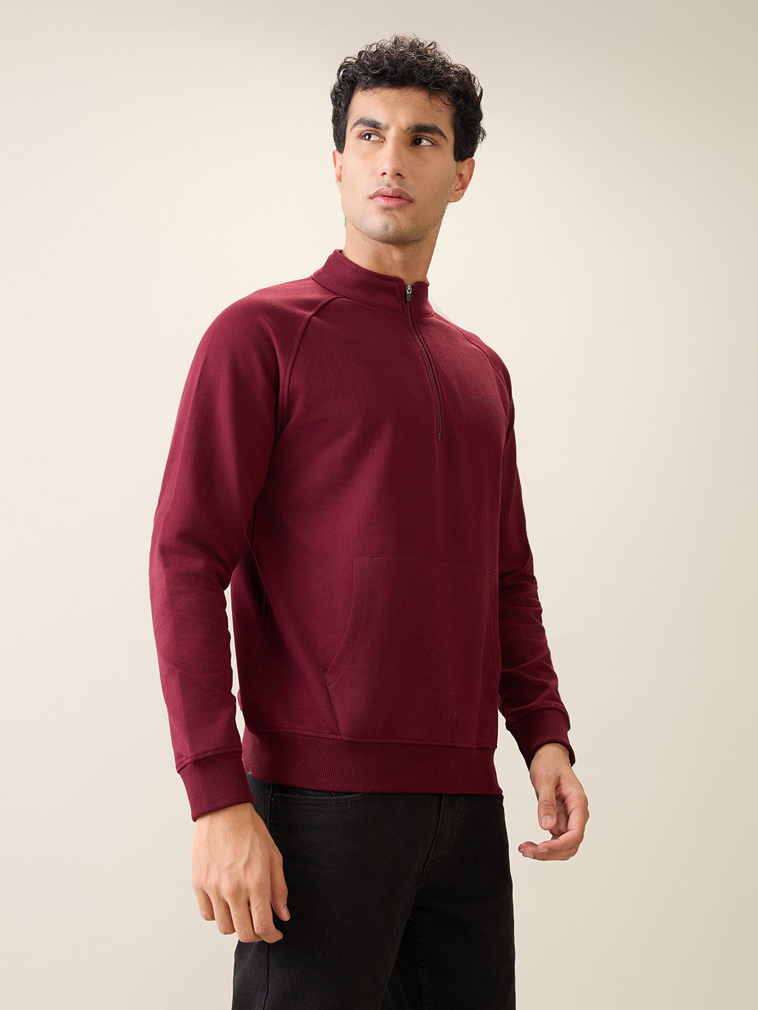 Park Avenue Men Red Solid Slim Fit Cotton Blend Full Sleeve Sweatshirt