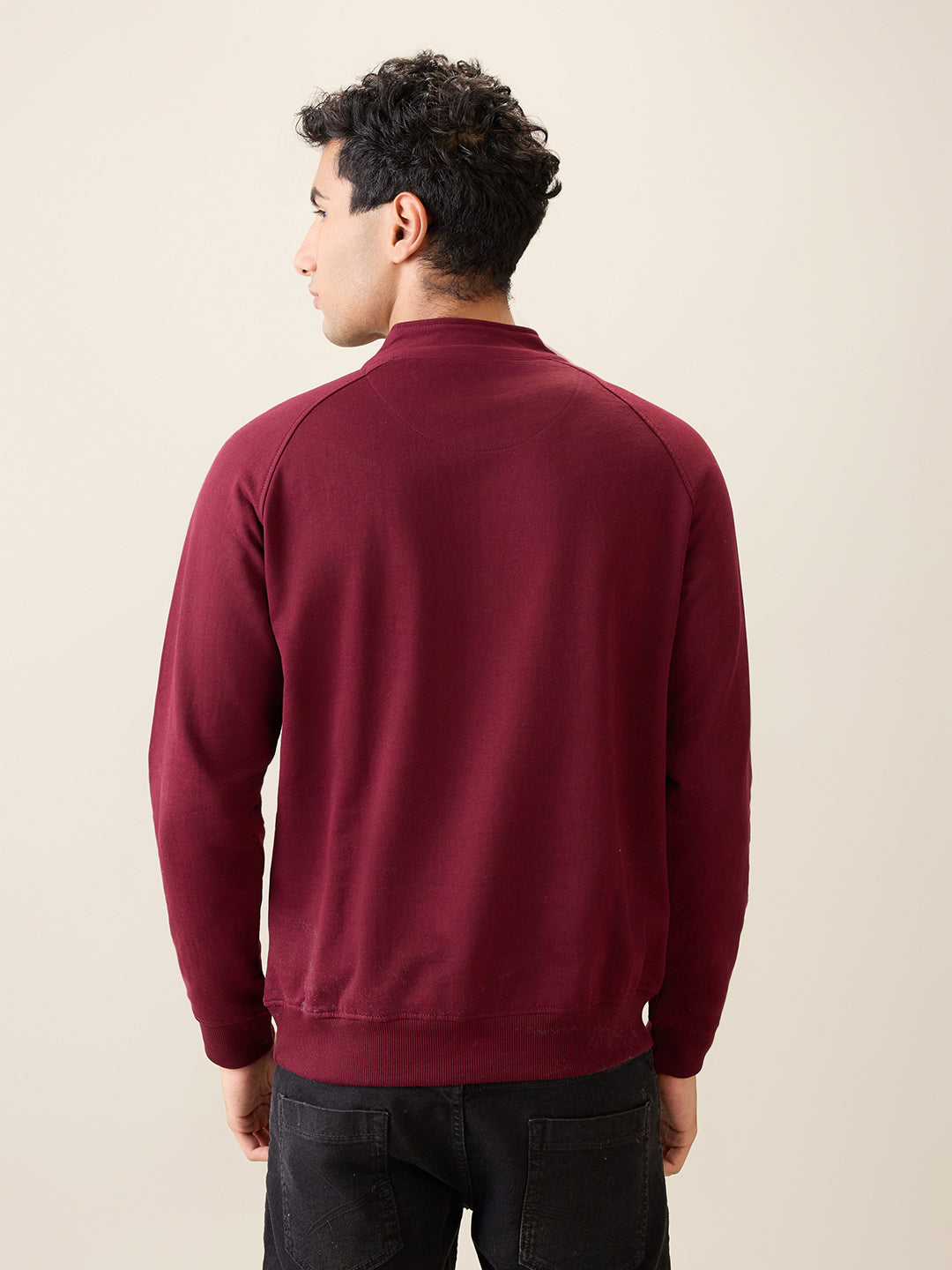 Park Avenue Men Red Solid Slim Fit Cotton Blend Full Sleeve Sweatshirt