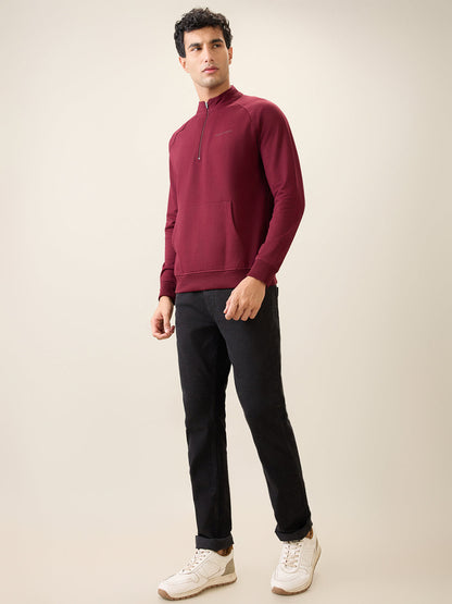 Park Avenue Men Red Solid Slim Fit Cotton Blend Full Sleeve Sweatshirt