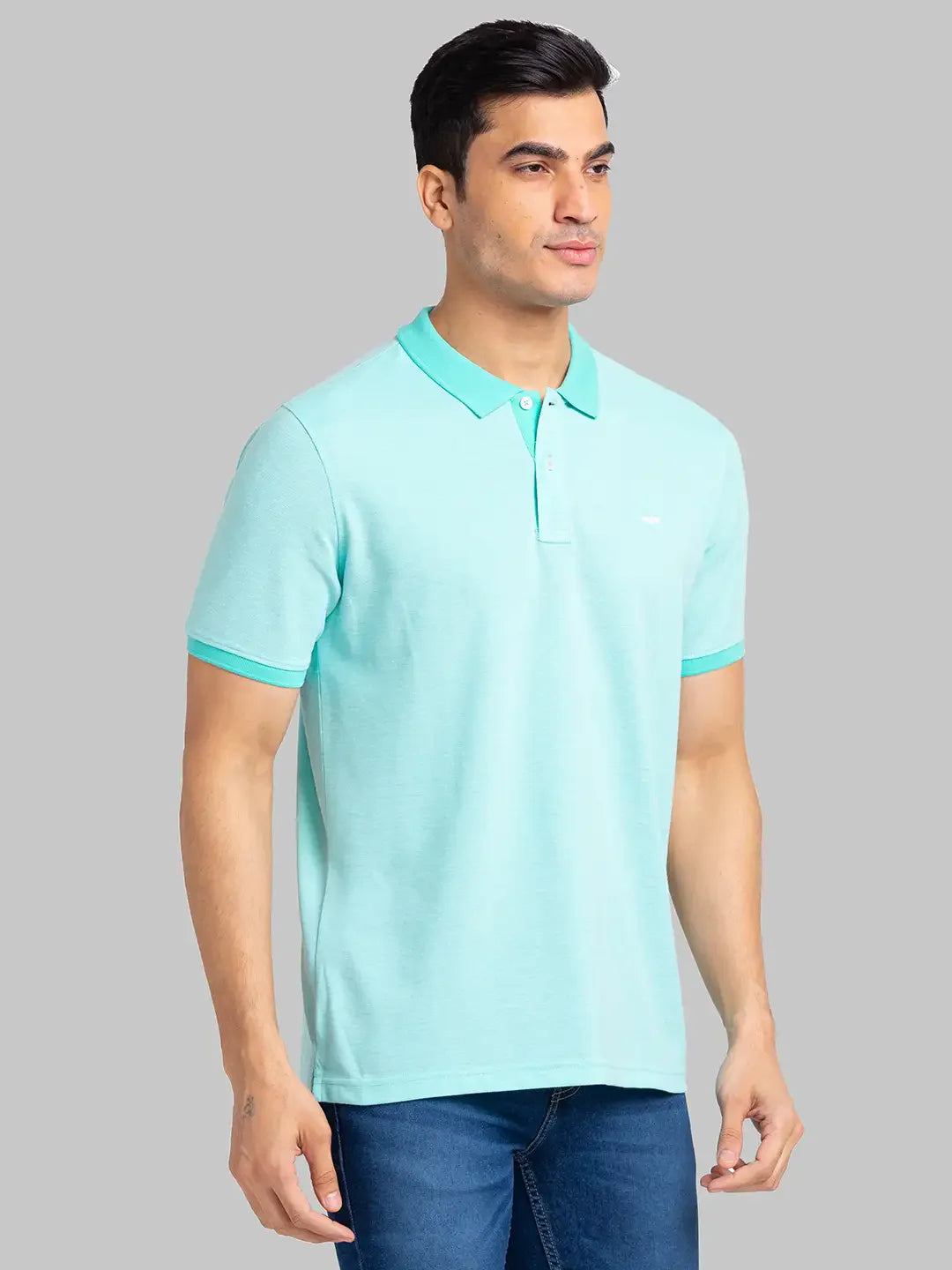 Men Green Slim Fit Two Tone Cotton Polyester Blend Round Neck Collar Polo T-Shirt