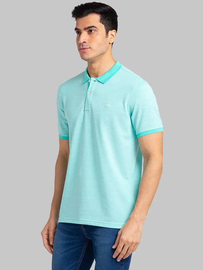 Men Green Slim Fit Two Tone Cotton Polyester Blend Round Neck Collar Polo T-Shirt