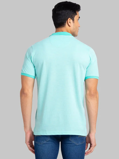 Men Green Slim Fit Two Tone Cotton Polyester Blend Round Neck Collar Polo T-Shirt