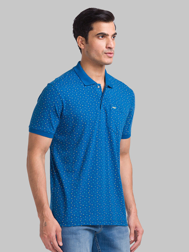 Park Avenue Blue Printed Slim Fit Cotton Blend T-Shirt