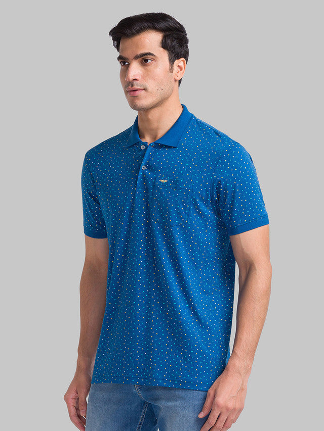 Park Avenue Blue Printed Slim Fit Cotton Blend T-Shirt