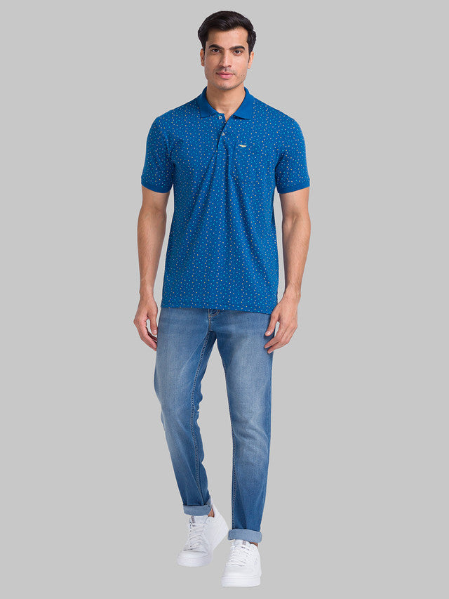 Park Avenue Blue Printed Slim Fit Cotton Blend T-Shirt