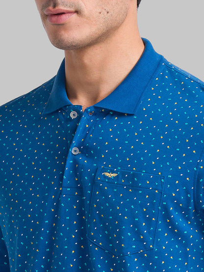 Park Avenue Blue Printed Slim Fit Cotton Blend T-Shirt