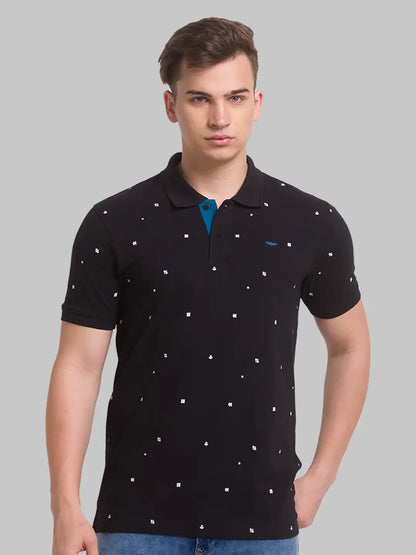 Men Black Slim Fit Print Cotton Round Neck Collar Polo T-Shirt