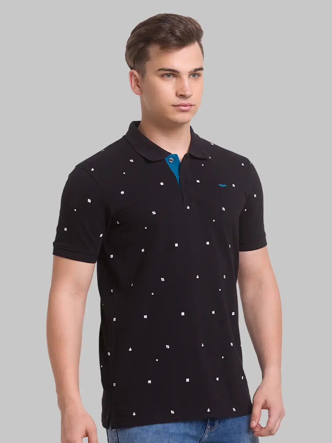 Men Black Slim Fit Print Cotton Round Neck Collar Polo T-Shirt