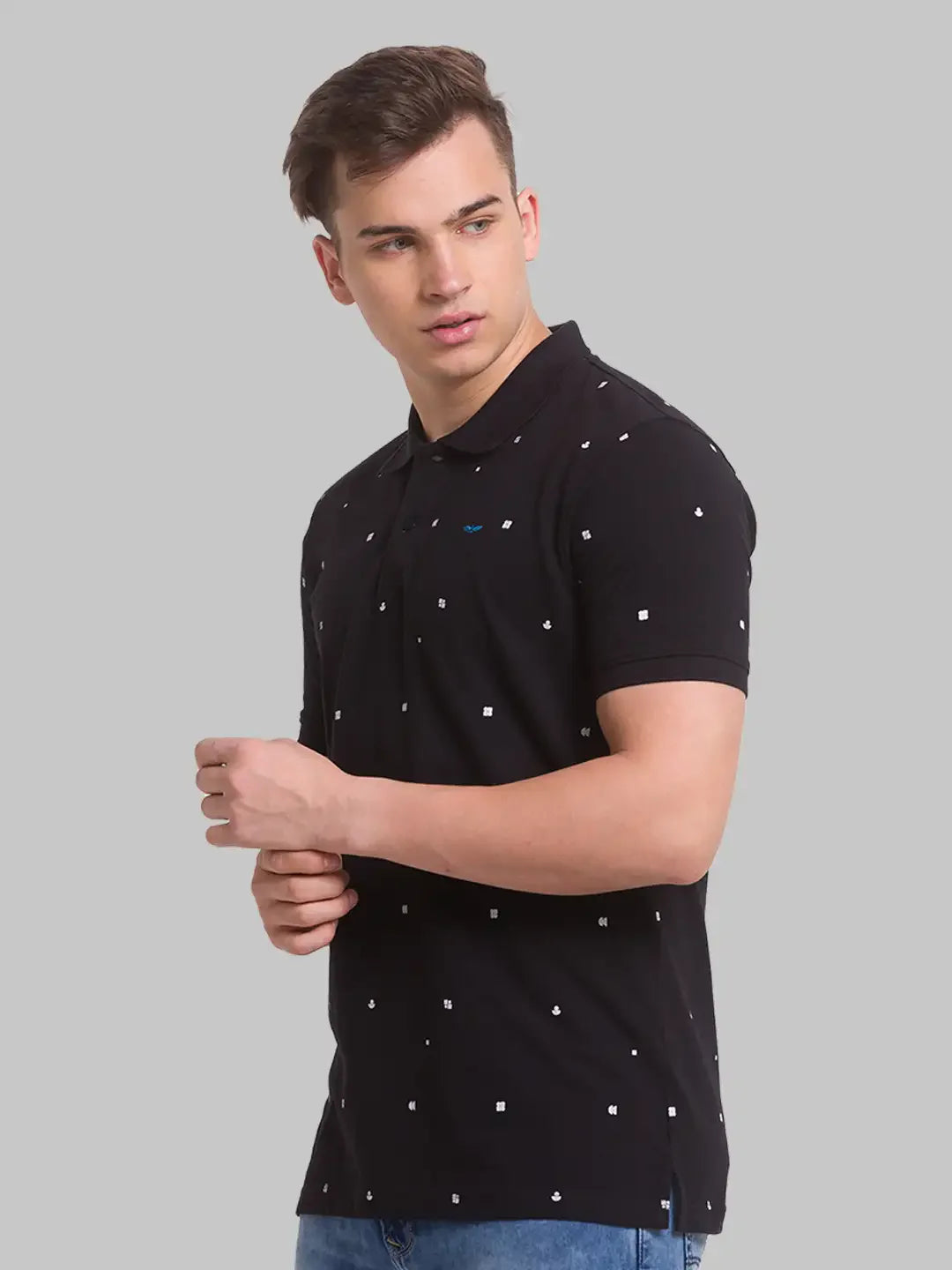 Men Black Slim Fit Print Cotton Round Neck Collar Polo T-Shirt
