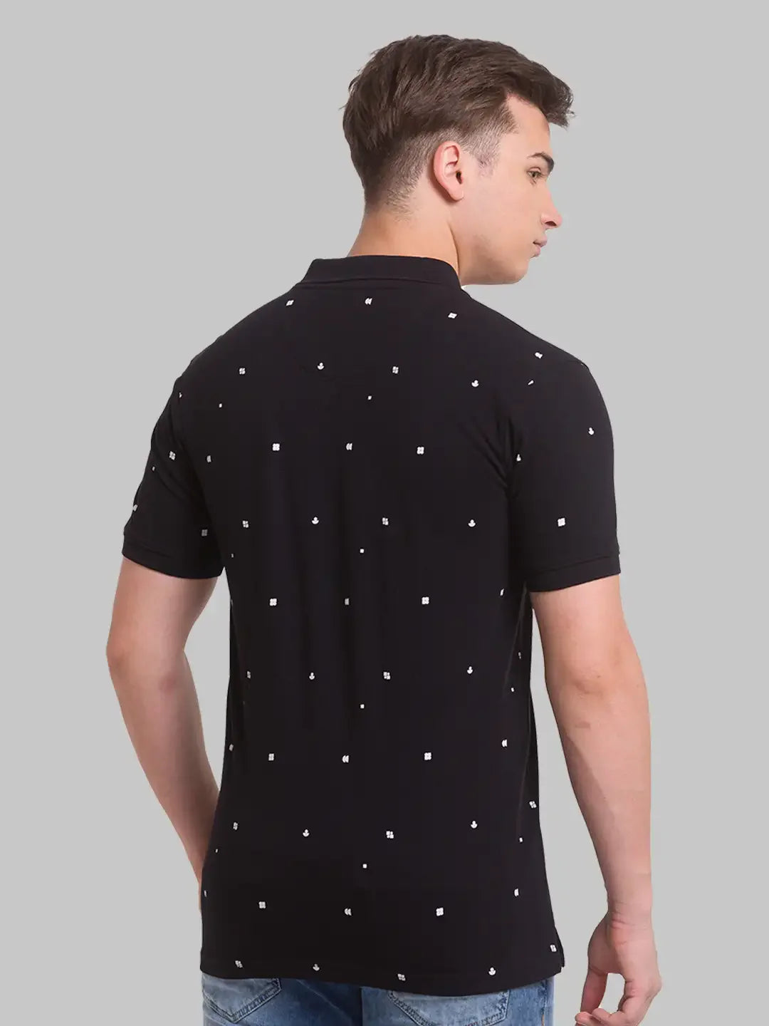 Men Black Slim Fit Print Cotton Round Neck Collar Polo T-Shirt