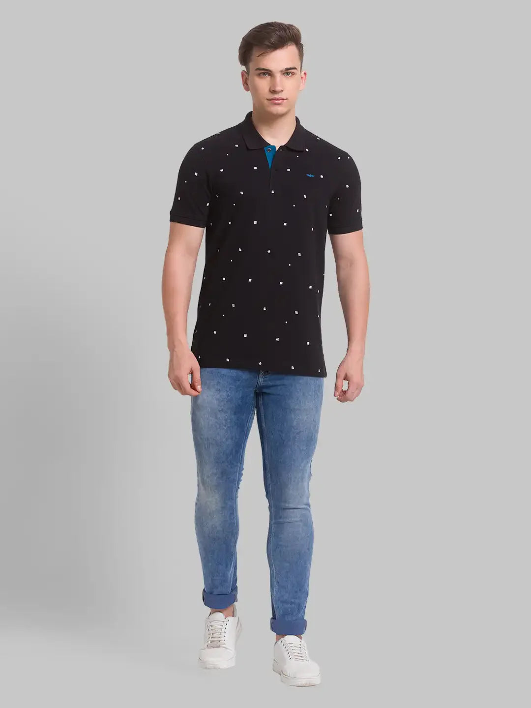 Men Black Slim Fit Print Cotton Round Neck Collar Polo T-Shirt