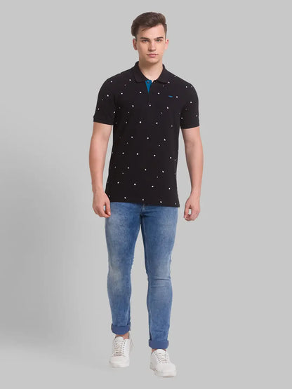 Men Black Slim Fit Print Cotton Round Neck Collar Polo T-Shirt