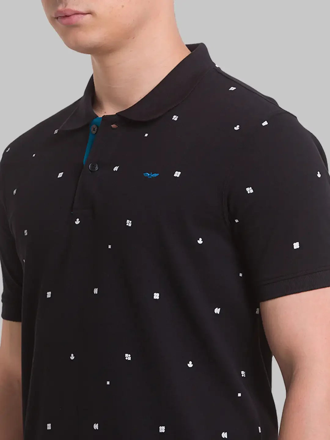 Men Black Slim Fit Print Cotton Round Neck Collar Polo T-Shirt