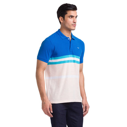 Men Petrol Slim Fit Stripe Cotton Polyester Blend Round Neck Collar Polo T-Shirt
