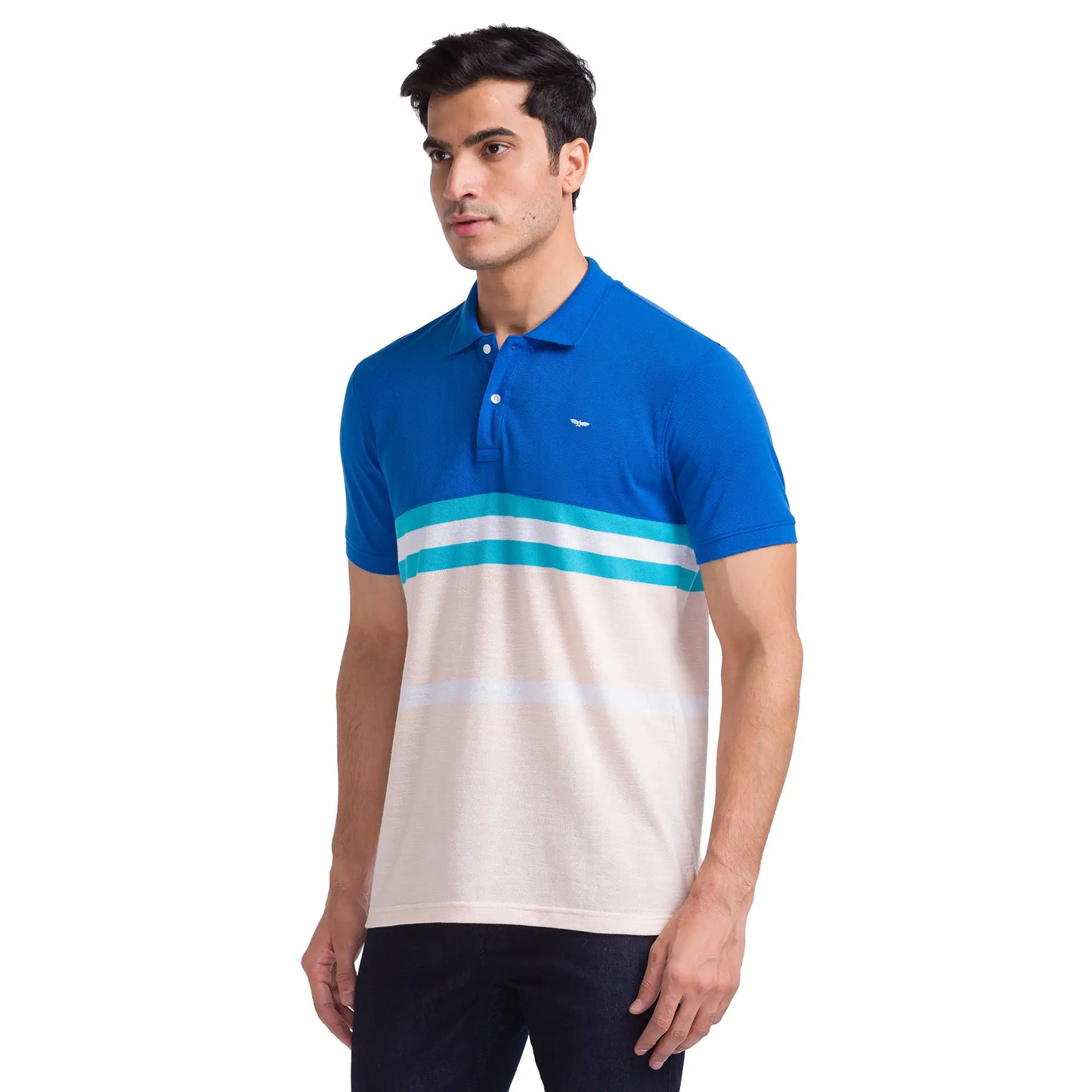 Men Petrol Slim Fit Stripe Cotton Polyester Blend Round Neck Collar Polo T-Shirt