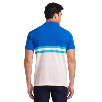 Men Petrol Slim Fit Stripe Cotton Polyester Blend Round Neck Collar Polo T-Shirt