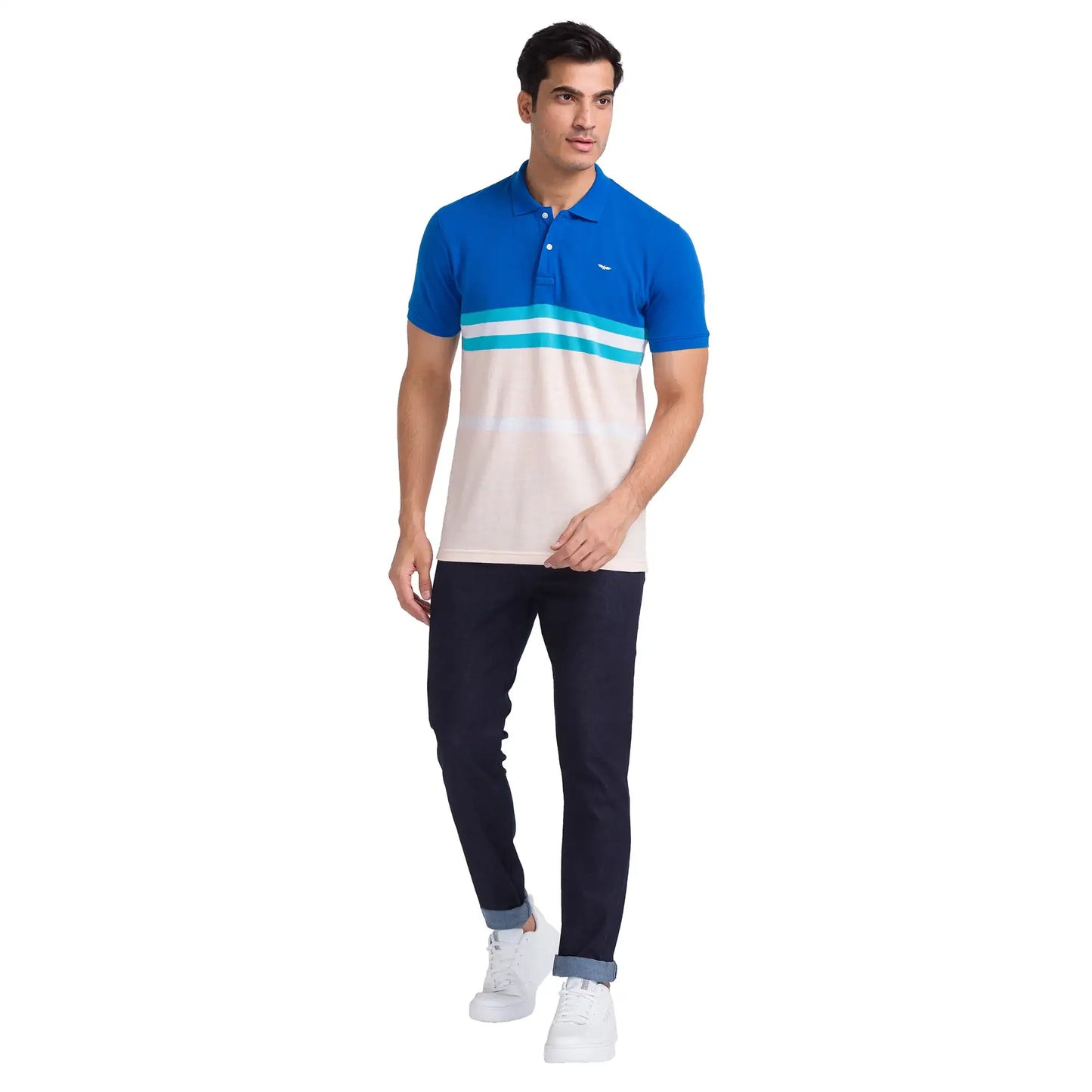 Men Petrol Slim Fit Stripe Cotton Polyester Blend Round Neck Collar Polo T-Shirt