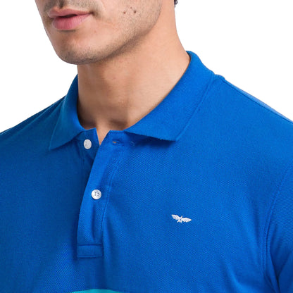 Men Petrol Slim Fit Stripe Cotton Polyester Blend Round Neck Collar Polo T-Shirt