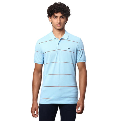 Men Blue Slim Fit Stripe Cotton Polyester Blend Round Neck Collar Polo T-Shirt