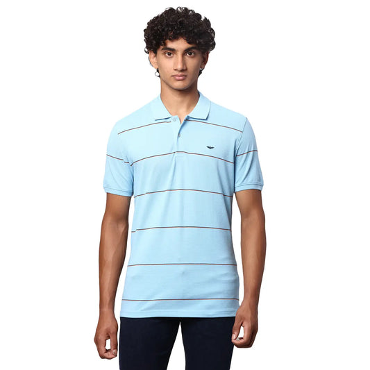 Men Blue Slim Fit Stripe Cotton Polyester Blend Round Neck Collar Polo T-Shirt