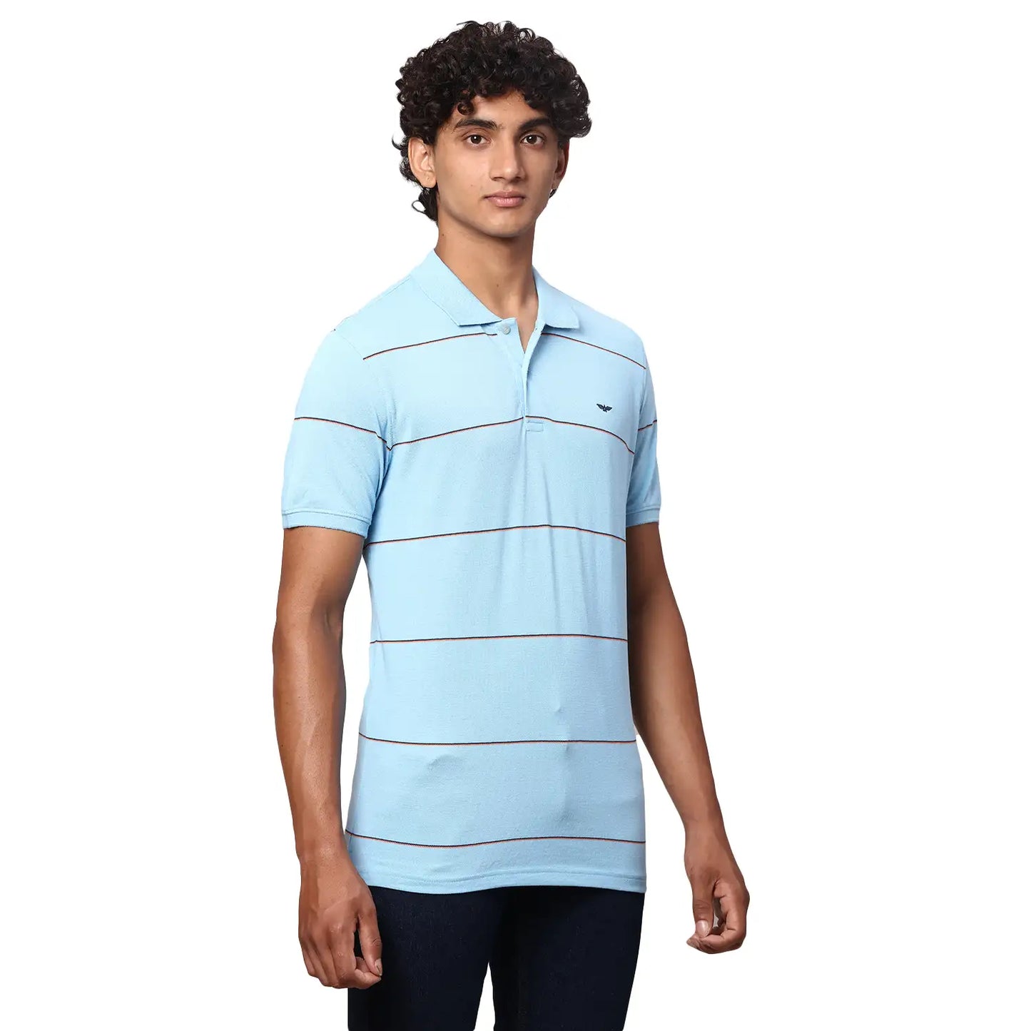 Men Blue Slim Fit Stripe Cotton Polyester Blend Round Neck Collar Polo T-Shirt