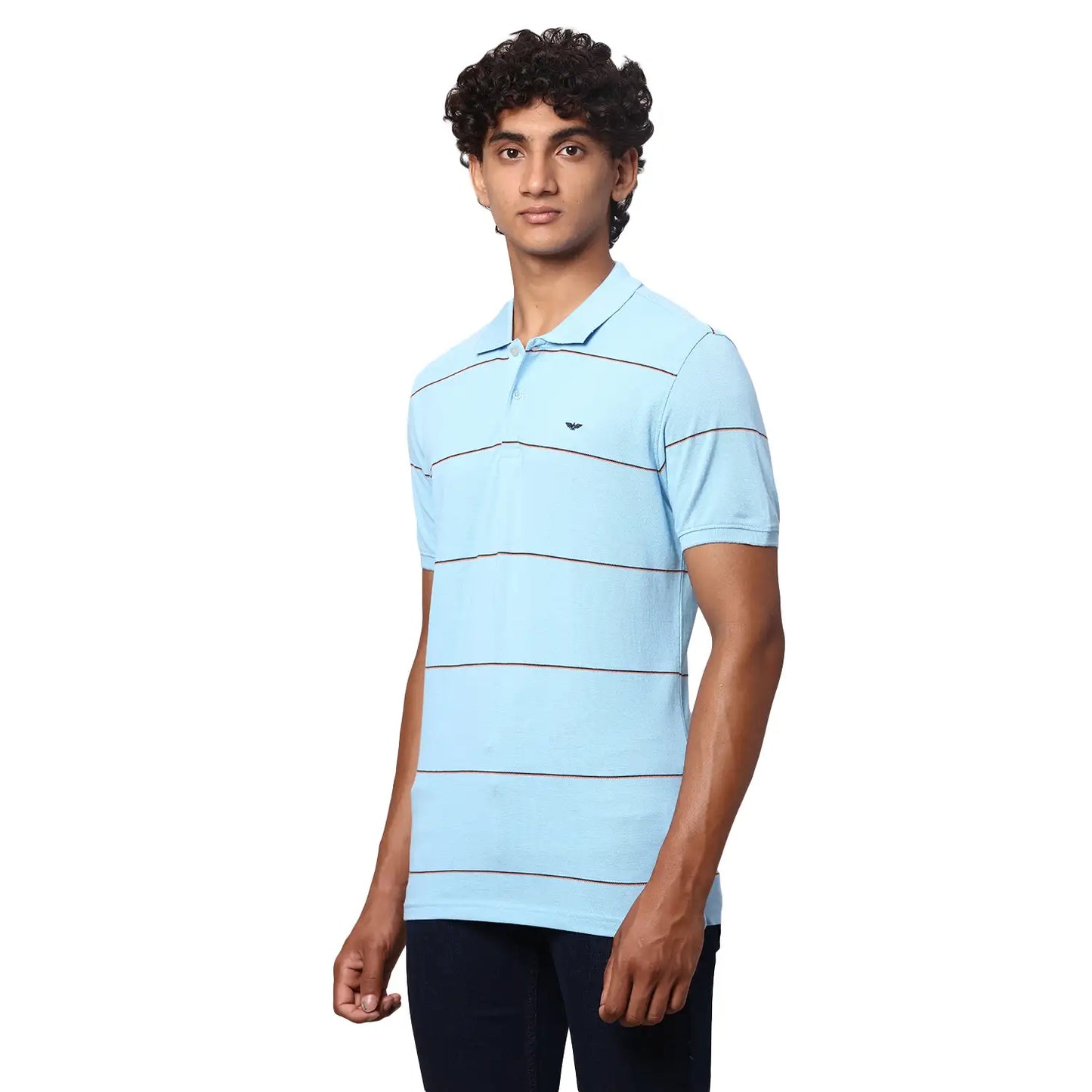 Men Blue Slim Fit Stripe Cotton Polyester Blend Round Neck Collar Polo T-Shirt