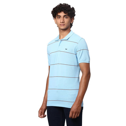 Men Blue Slim Fit Stripe Cotton Polyester Blend Round Neck Collar Polo T-Shirt