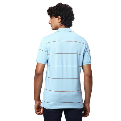 Men Blue Slim Fit Stripe Cotton Polyester Blend Round Neck Collar Polo T-Shirt