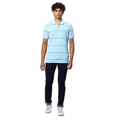 Men Blue Slim Fit Stripe Cotton Polyester Blend Round Neck Collar Polo T-Shirt