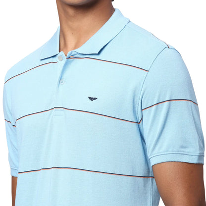 Men Blue Slim Fit Stripe Cotton Polyester Blend Round Neck Collar Polo T-Shirt
