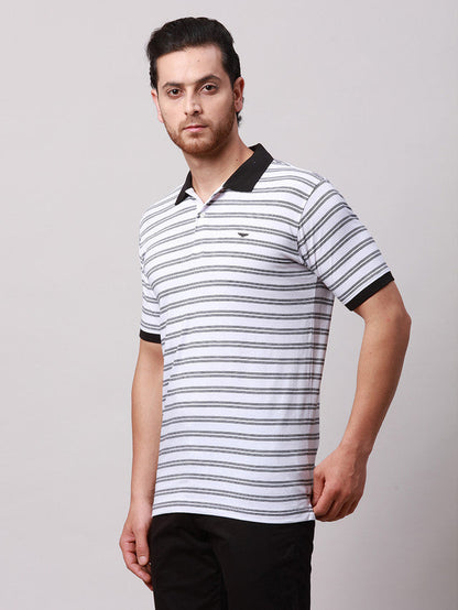 Park Avenue Black Stripe Slim Fit Half Sleeve Cotton Blend T-Shirt