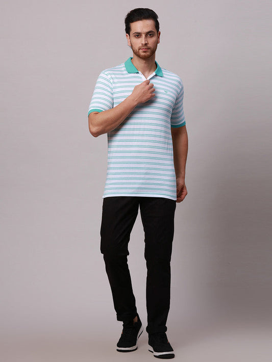 Park Avenue Blue Stripe Slim Fit Half Sleeve Cotton Blend T-Shirt