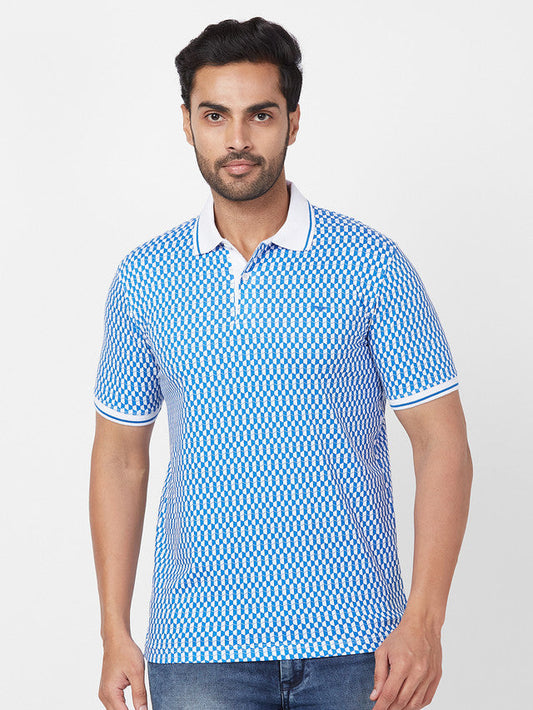 Park Avenue Men Blue Printed Slim Fit Half Sleeve Polo Neck T-Shirt