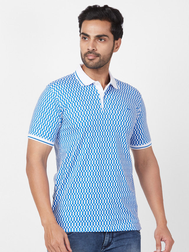 Park Avenue Men Blue Printed Slim Fit Half Sleeve Polo Neck T-Shirt