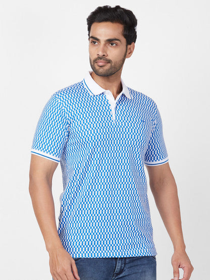 Park Avenue Men Blue Printed Slim Fit Half Sleeve Polo Neck T-Shirt