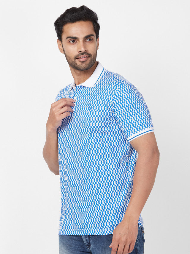 Park Avenue Men Blue Printed Slim Fit Half Sleeve Polo Neck T-Shirt