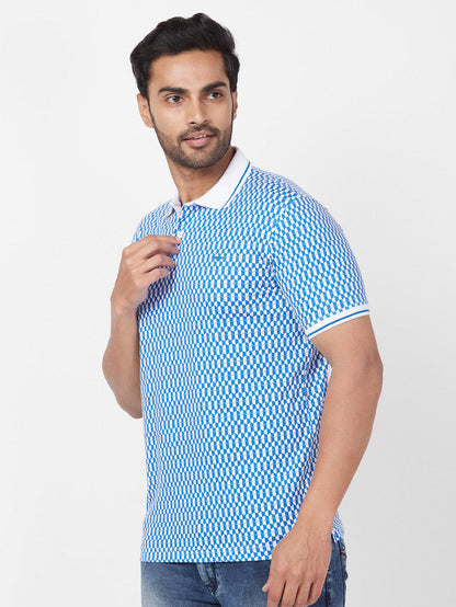 Park Avenue Men Blue Printed Slim Fit Half Sleeve Polo Neck T-Shirt