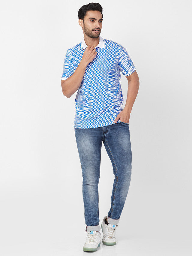 Park Avenue Men Blue Printed Slim Fit Half Sleeve Polo Neck T-Shirt