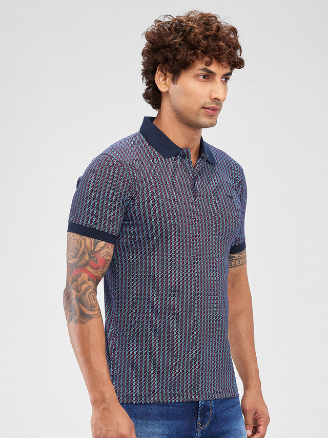 Park Avenue Blue Printed Slim Fit Cotton Blend T-Shirt