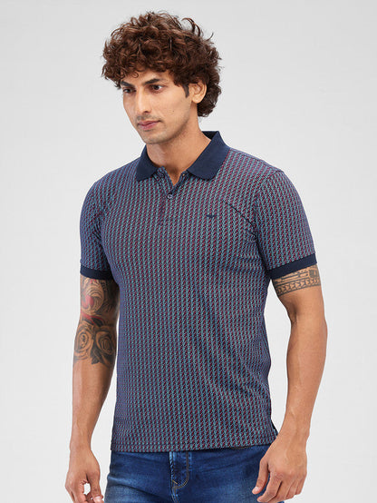 Park Avenue Blue Printed Slim Fit Cotton Blend T-Shirt