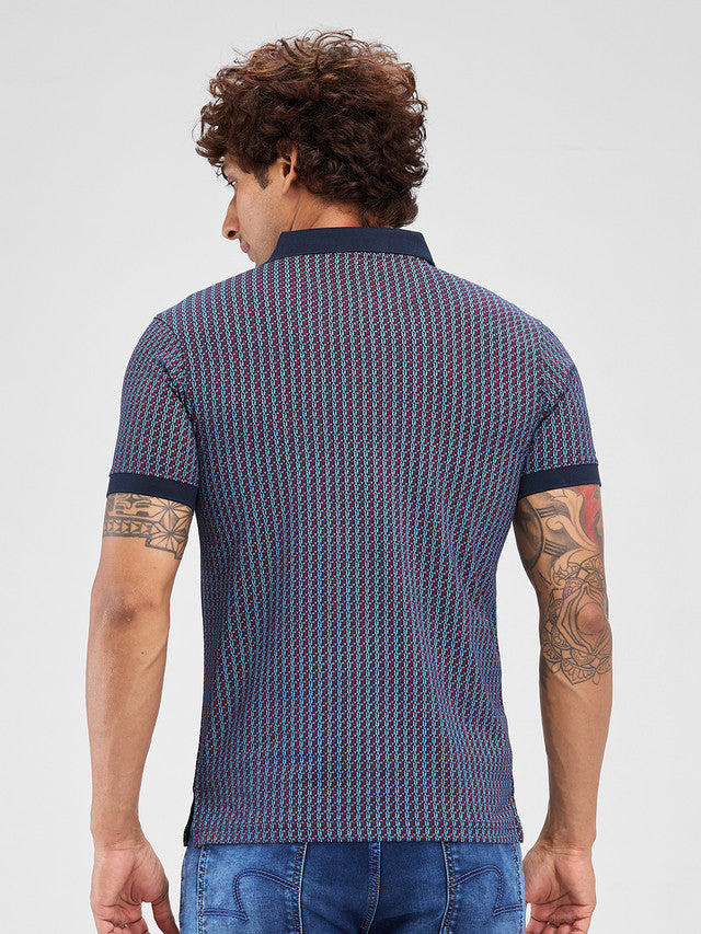 Park Avenue Blue Printed Slim Fit Cotton Blend T-Shirt