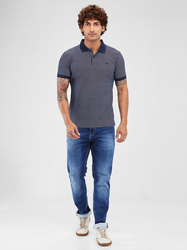 Park Avenue Blue Printed Slim Fit Cotton Blend T-Shirt