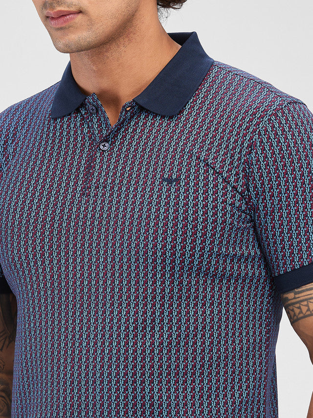 Park Avenue Blue Printed Slim Fit Cotton Blend T-Shirt