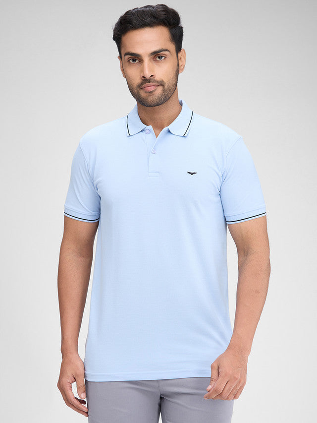 Park Avenue Blue Solid Slim Fit Half Sleeve Cotton Blend T-Shirt