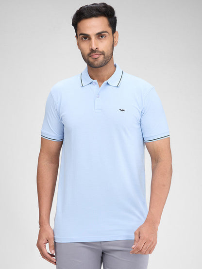 Park Avenue Blue Solid Slim Fit Half Sleeve Cotton Blend T-Shirt