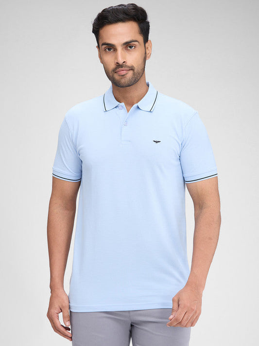Park Avenue Blue Solid Slim Fit Half Sleeve Cotton Blend T-Shirt