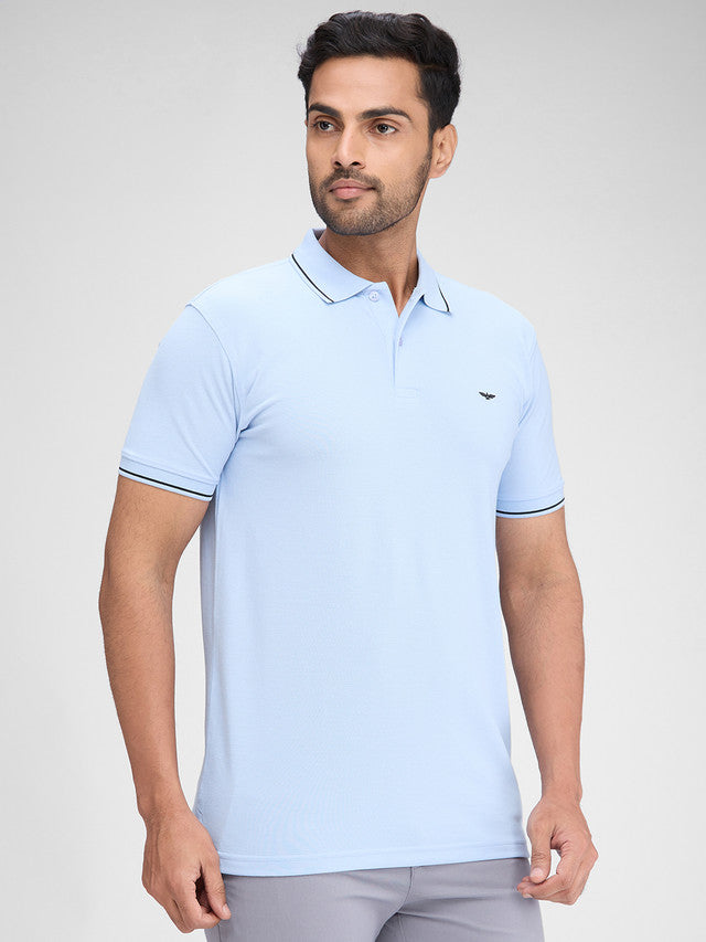 Park Avenue Blue Solid Slim Fit Half Sleeve Cotton Blend T-Shirt