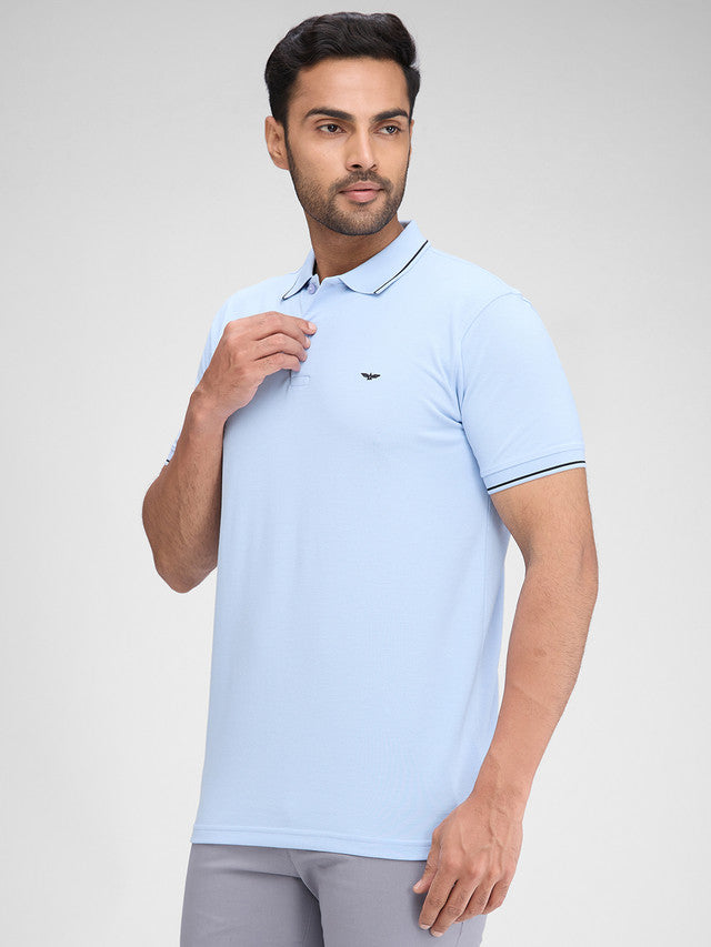 Park Avenue Blue Solid Slim Fit Half Sleeve Cotton Blend T-Shirt